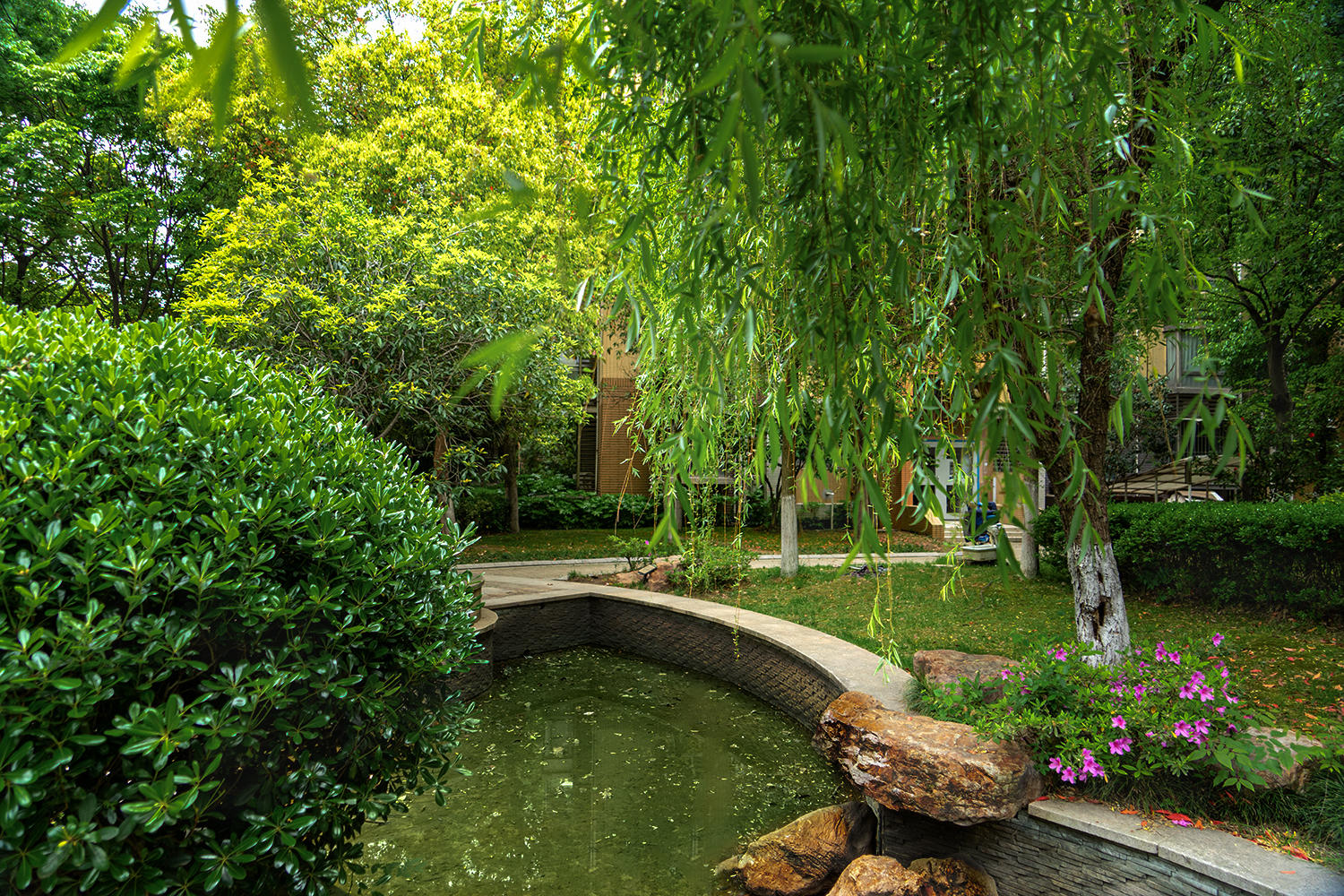 小区里有一条喷水池,从北往南分布,一到节日,池中流水潺潺,哗啦啦的